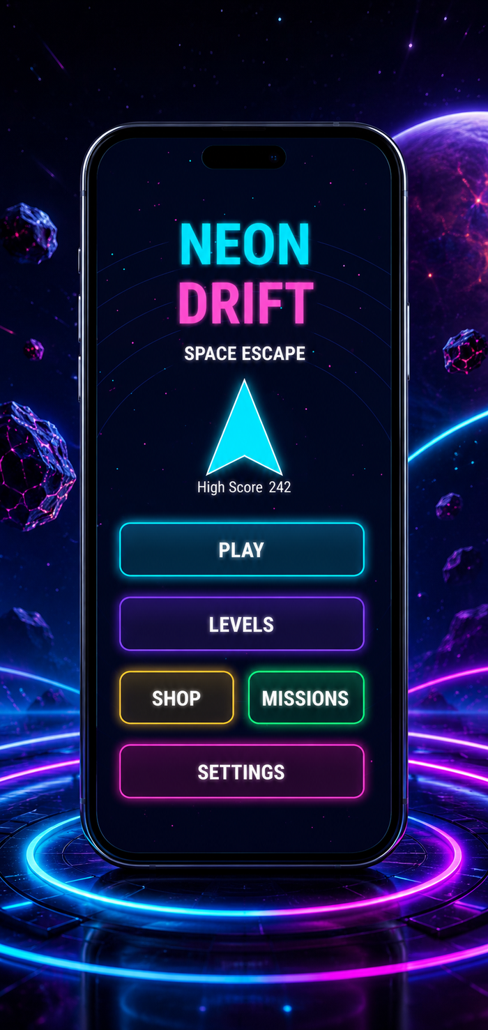 Neon Drift: Space Escape main menu screen showing PLAY, LEVELS, SHOP and MISSIONS options