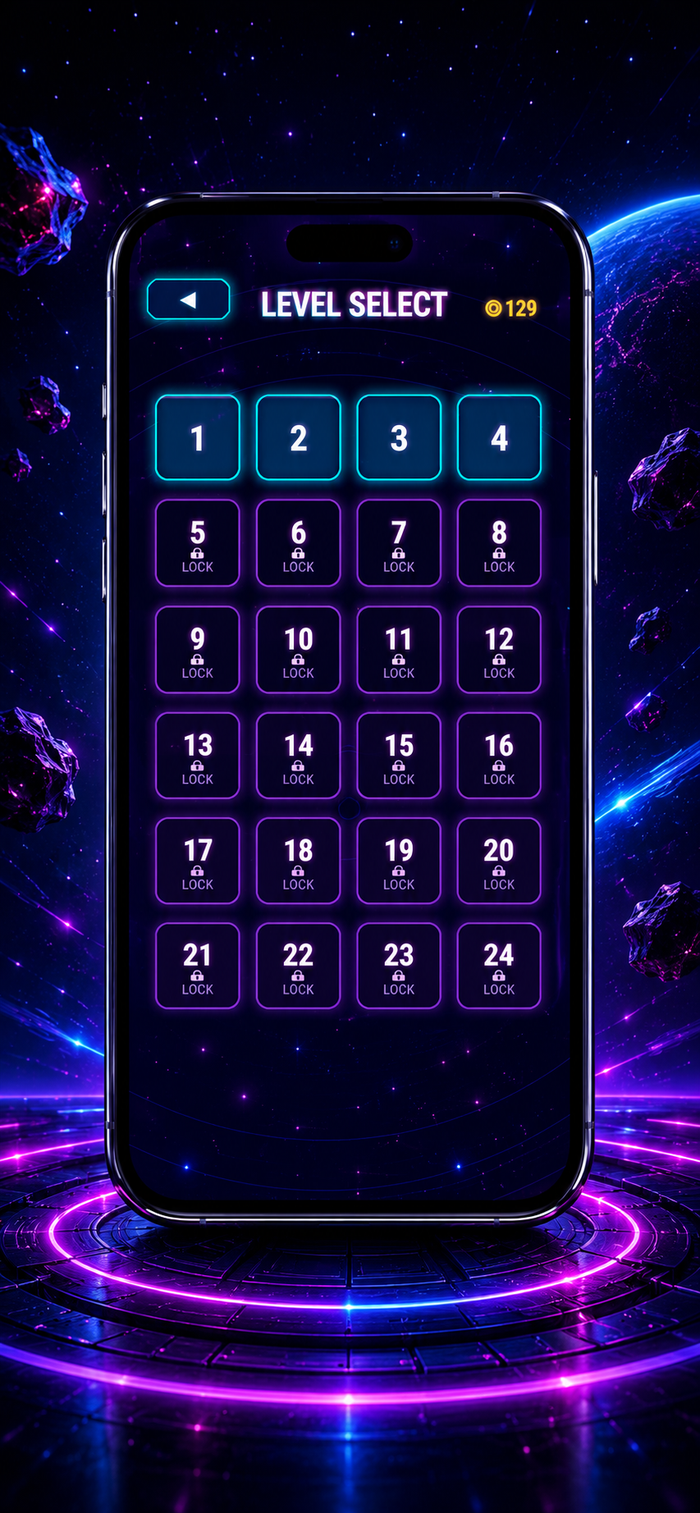 Neon Drift: Space Escape level select grid showing 24 stages