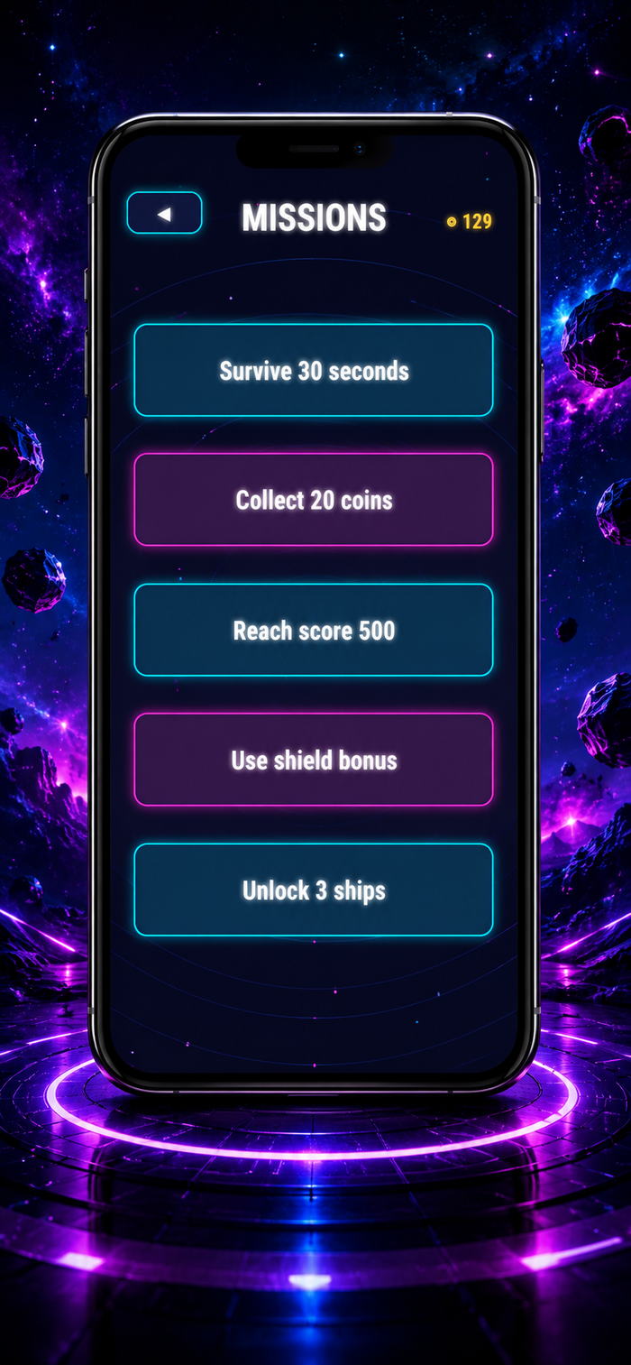 Neon Drift: Space Escape missions screen with daily objectives